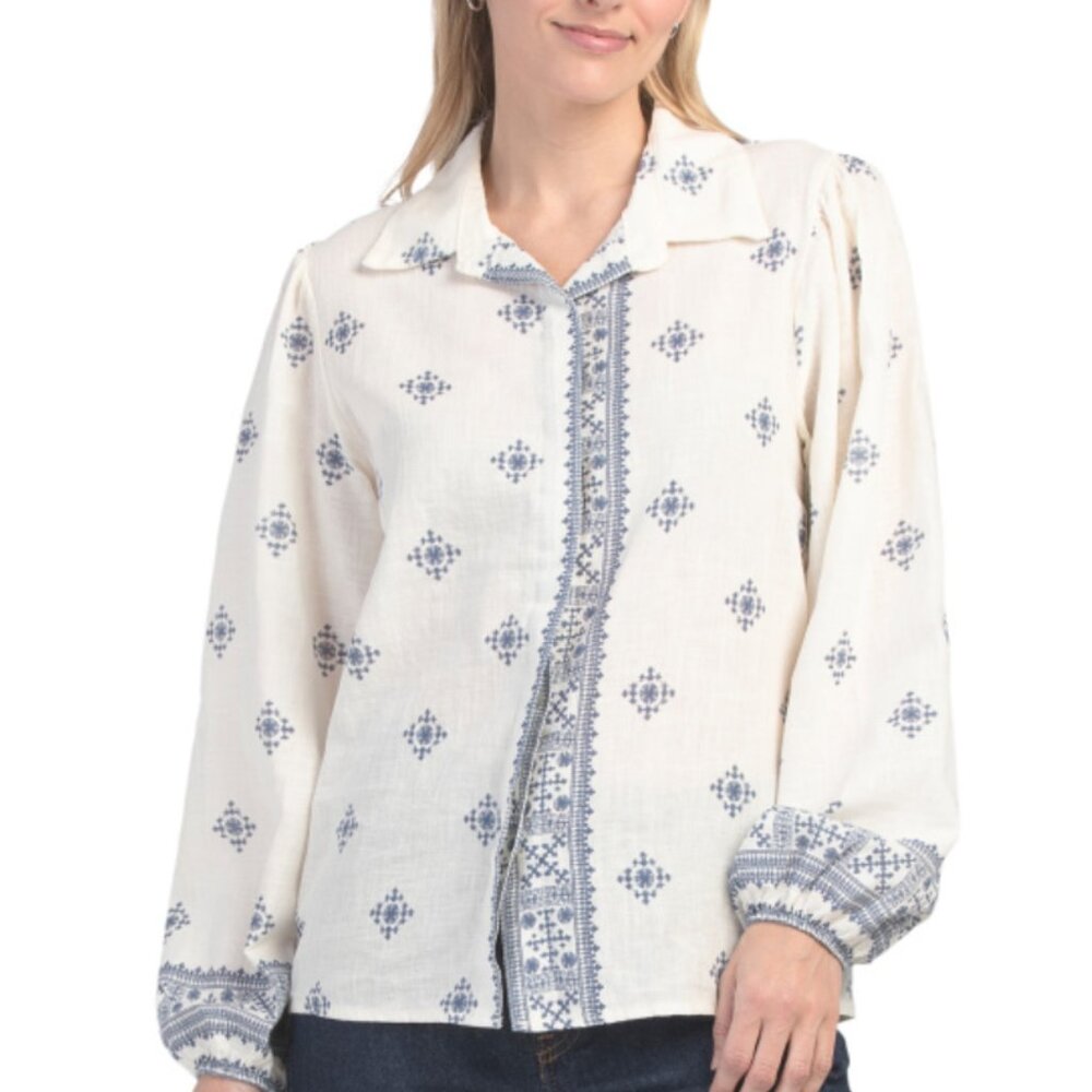 NWT SPIGHE DI LINO Made in Italy Linen Blend Printed Peasant Sleeve Shirt Size M